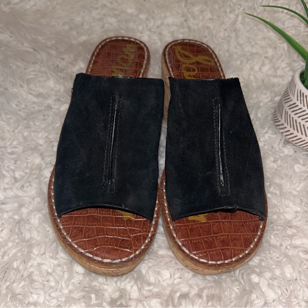 50%offw❤️ Sam Edelman Cork black suede platform mules 8 flaw wear heel see photo - Picture 2 of 6